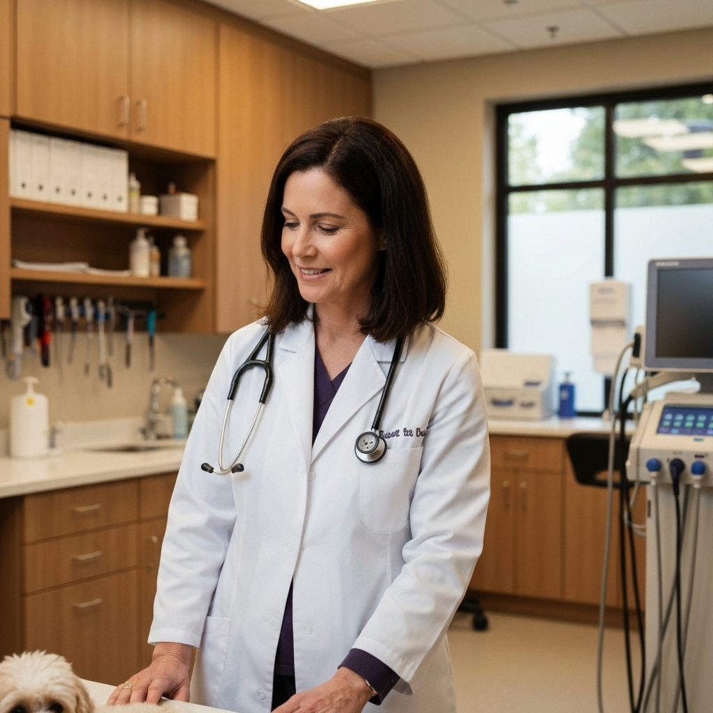 Experienced female veterinarian in white coat with stethoscope in modern veterinary clinic