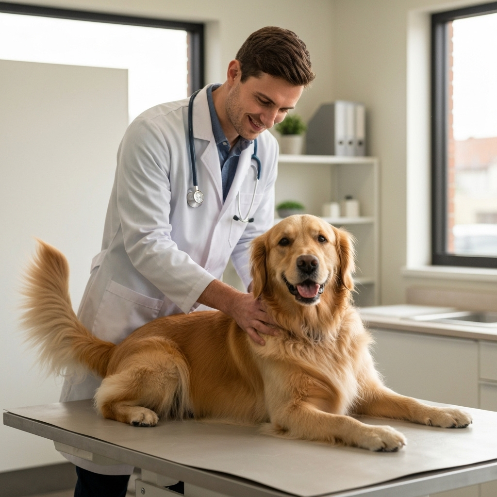Professional veterinarian examining a happy golden retriever in a modern, clean veterinary clinic